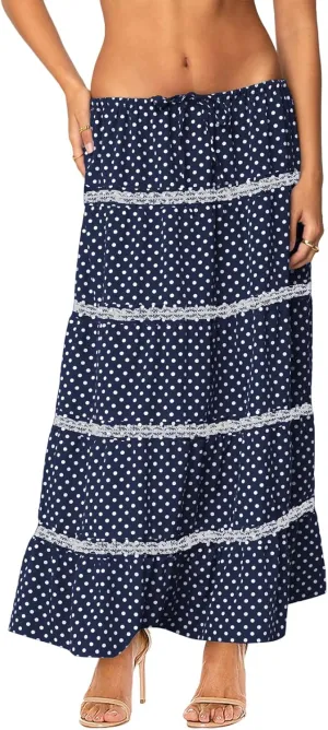 Women's Elastic High Waist Flowy Long Maxi Skirt Lace Crochet Summer Print Pleated Tiered Skirts
