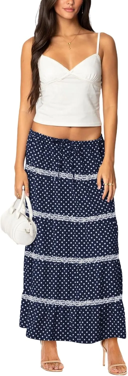 Women's Elastic High Waist Flowy Long Maxi Skirt Lace Crochet Summer Print Pleated Tiered Skirts