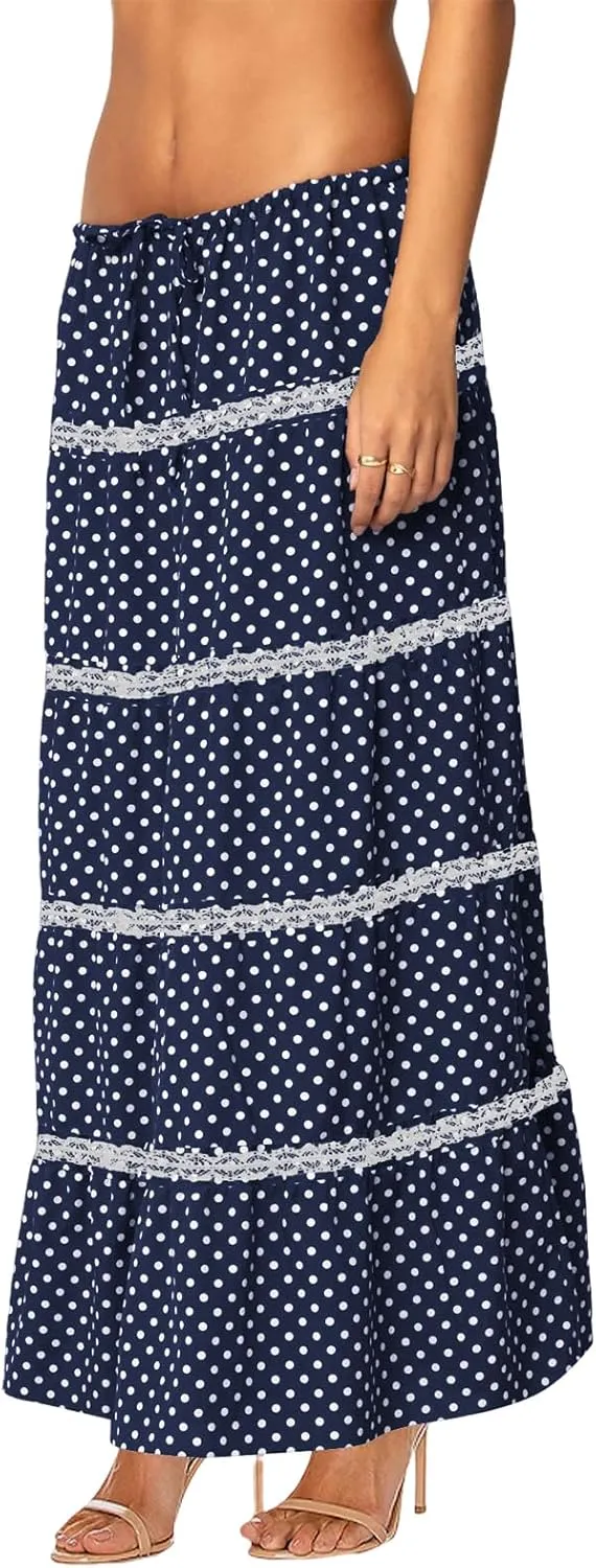 Women's Elastic High Waist Flowy Long Maxi Skirt Lace Crochet Summer Print Pleated Tiered Skirts