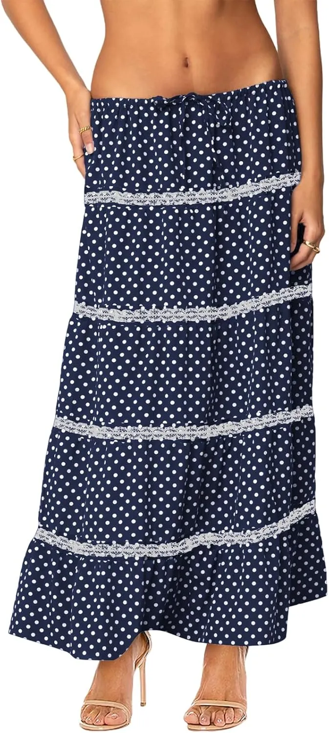 Women's Elastic High Waist Flowy Long Maxi Skirt Lace Crochet Summer Print Pleated Tiered Skirts