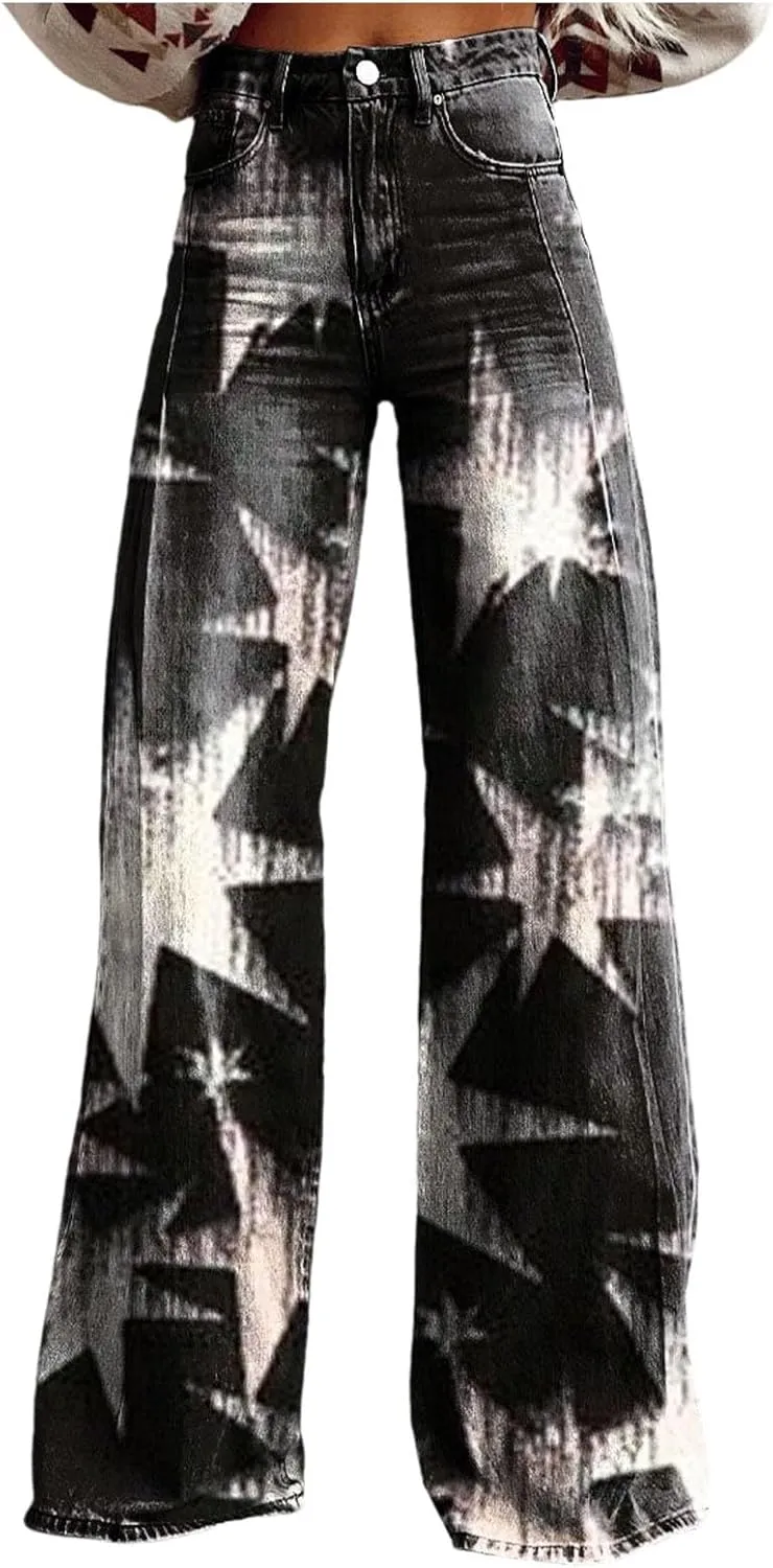 Women's Flare Wide Leg Jeans - Vintage Floral Print High Waisted Straight Stretch Denim Pants with Pockets