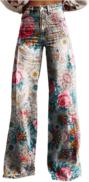 Women's Flare Wide Leg Jeans - Vintage Floral Print High Waisted Straight Stretch Denim Pants with Pockets