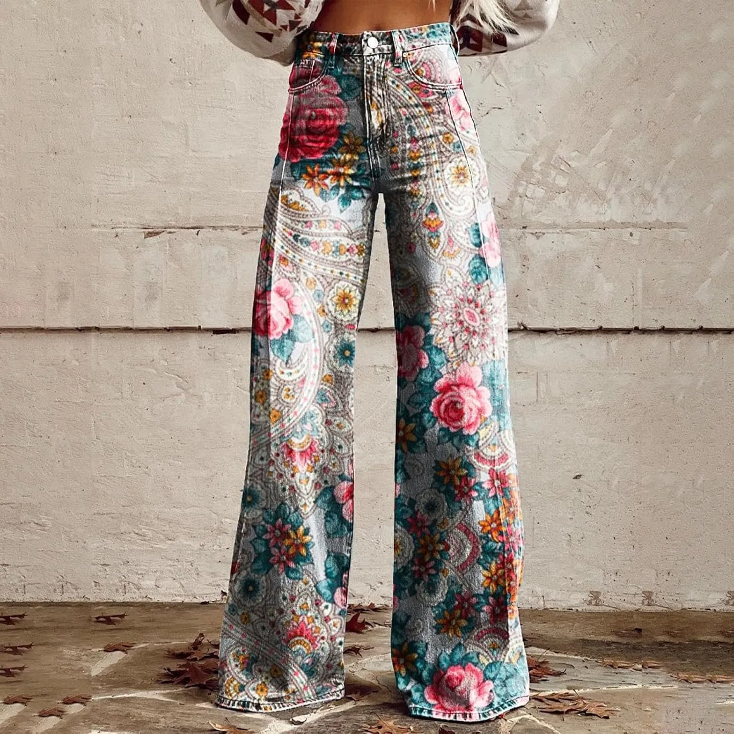 Women's Flare Wide Leg Jeans - Vintage Floral Print High Waisted Straight Stretch Denim Pants with Pockets