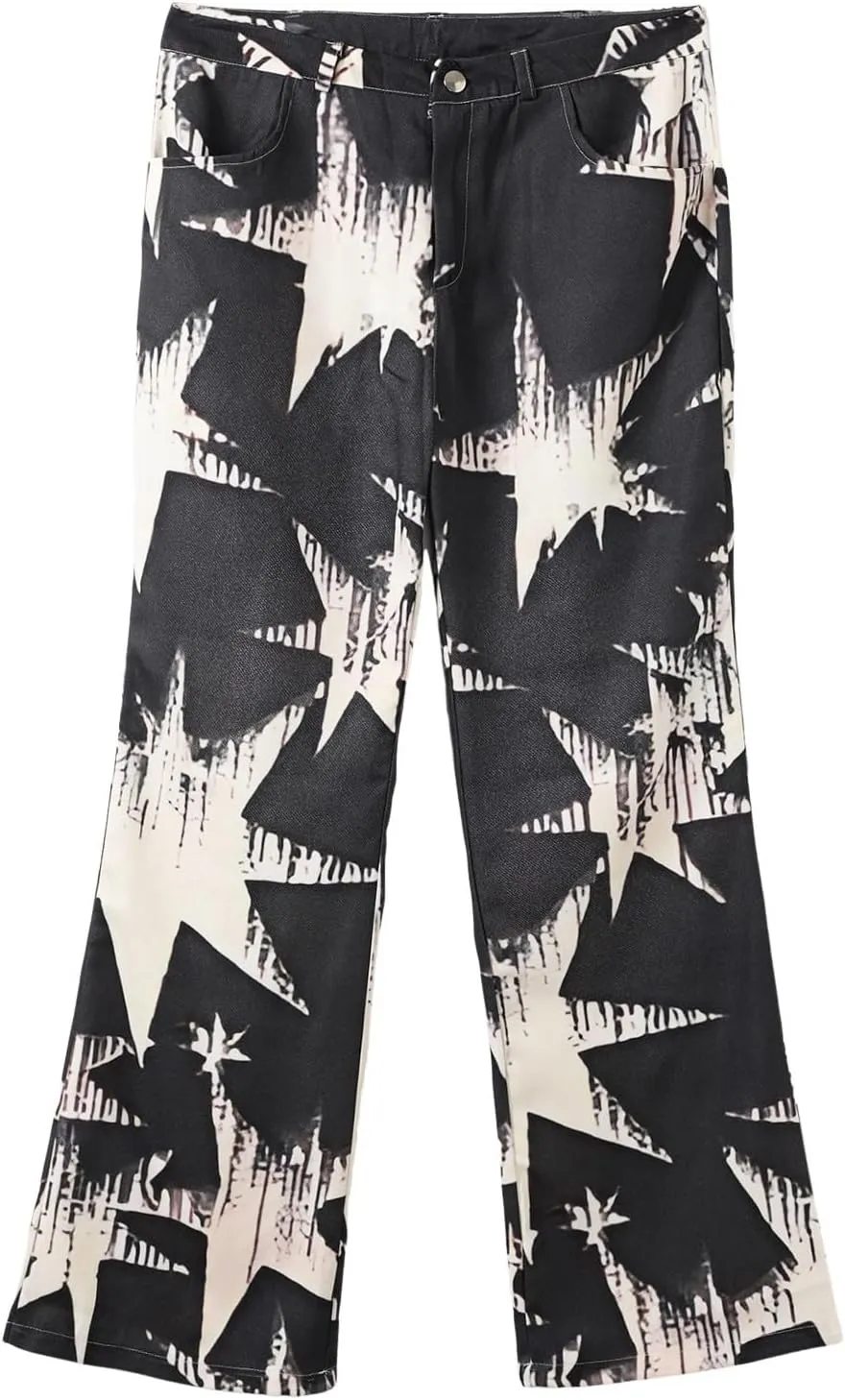 Women's Flare Wide Leg Jeans - Vintage Floral Print High Waisted Straight Stretch Denim Pants with Pockets