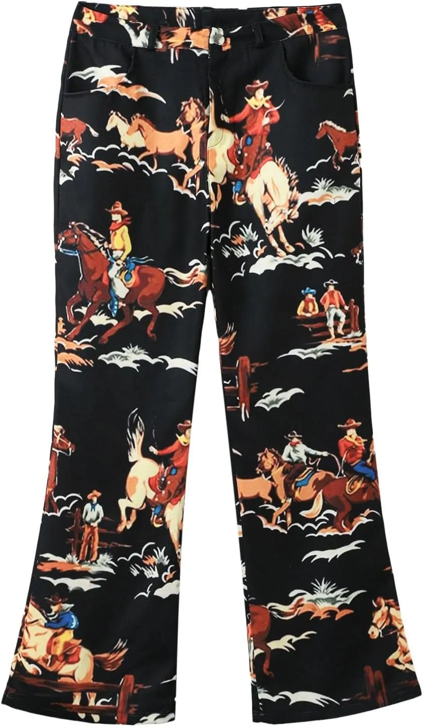 Women's Flare Wide Leg Jeans - Vintage Floral Print High Waisted Straight Stretch Denim Pants with Pockets