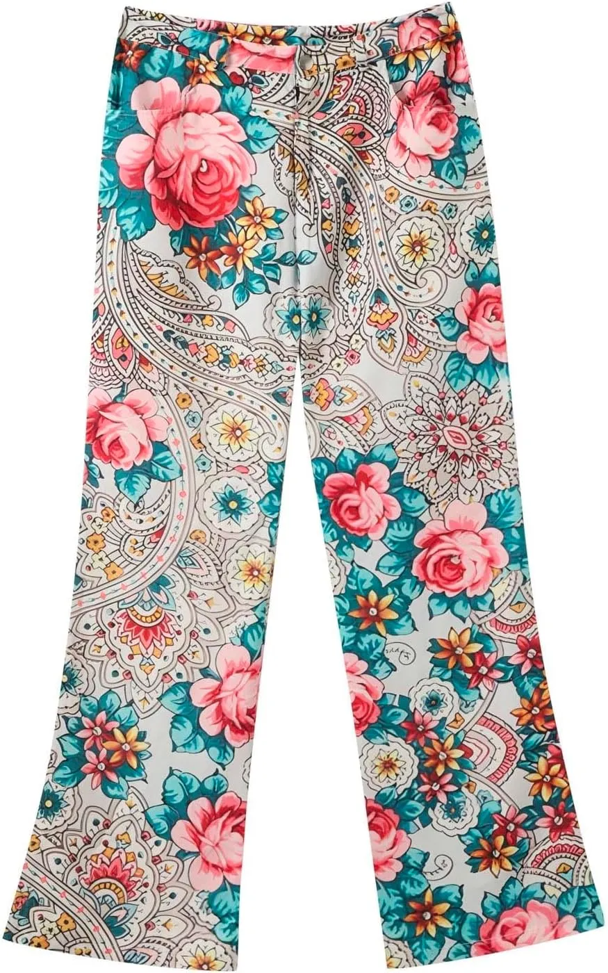 Women's Flare Wide Leg Jeans - Vintage Floral Print High Waisted Straight Stretch Denim Pants with Pockets