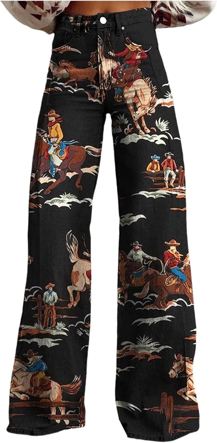 Women's Flare Wide Leg Jeans - Vintage Floral Print High Waisted Straight Stretch Denim Pants with Pockets