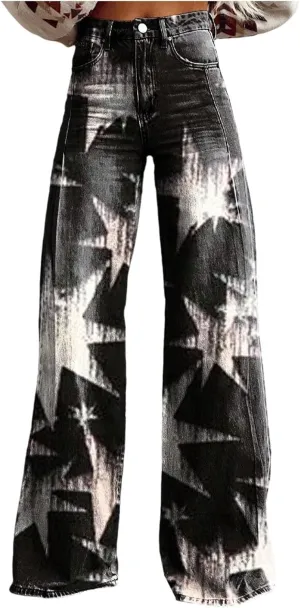 Women's Flare Wide Leg Jeans - Vintage Floral Print High Waisted Straight Stretch Denim Pants with Pockets