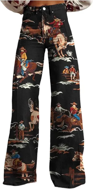 Women's Flare Wide Leg Jeans - Vintage Floral Print High Waisted Straight Stretch Denim Pants with Pockets