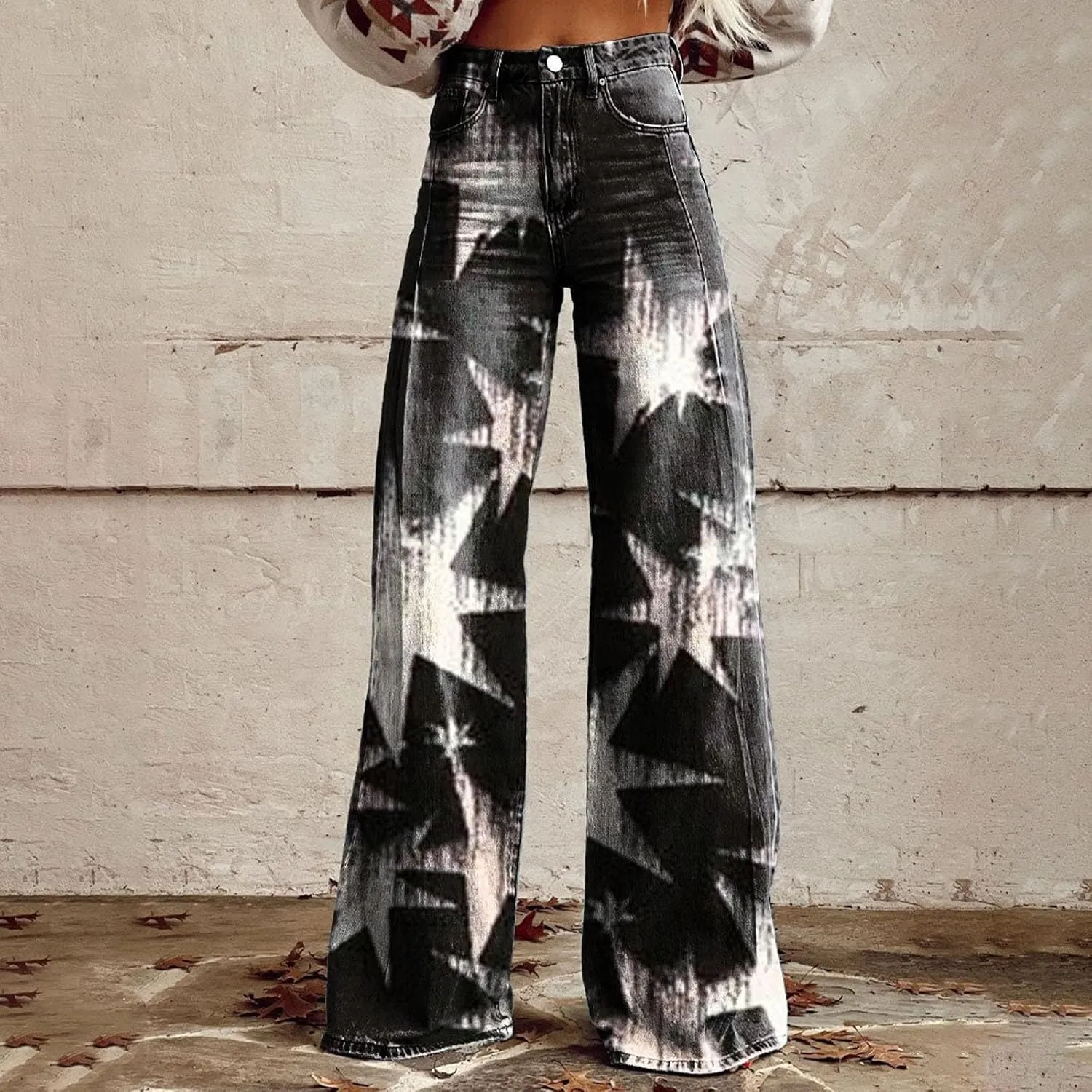 Women's Flare Wide Leg Jeans - Vintage Floral Print High Waisted Straight Stretch Denim Pants with Pockets