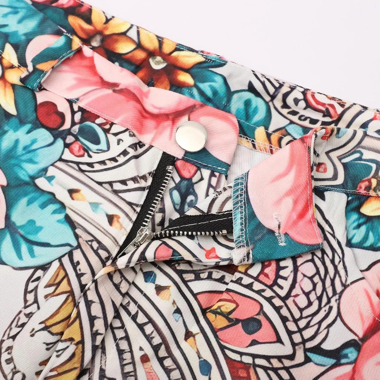 Women's Flare Wide Leg Jeans - Vintage Floral Print High Waisted Straight Stretch Denim Pants with Pockets