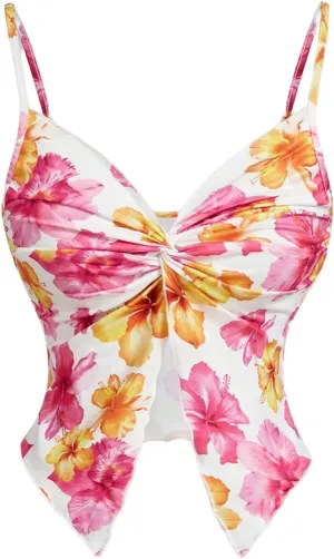 Women's Floral Graphic Crop Y2K Cami Tops Ruched Twist Spaghetti Strap Tank Top