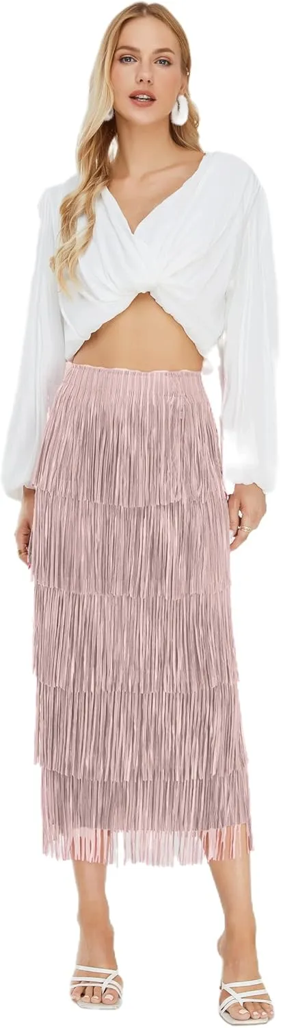 Women's Fringe Trim High Waist Short Pencil Bodycon Skirts, Sexy Elegant Fringe Long Maxi Skirt Summer Party Work