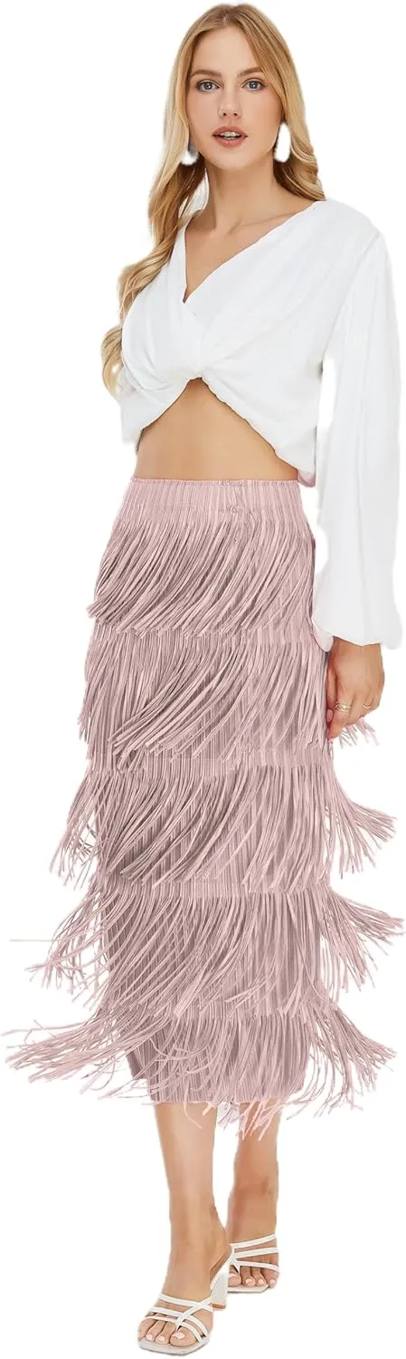 Women's Fringe Trim High Waist Short Pencil Bodycon Skirts, Sexy Elegant Fringe Long Maxi Skirt Summer Party Work