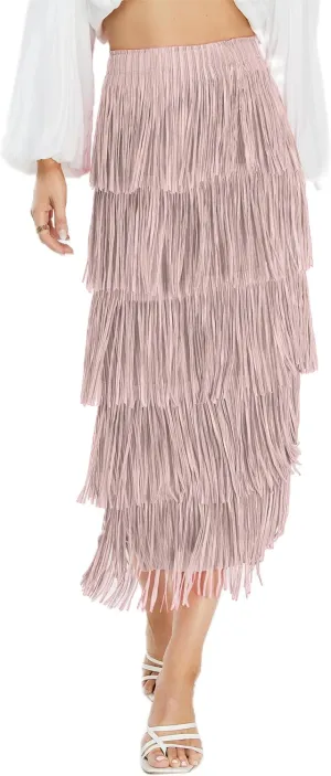 Women's Fringe Trim High Waist Short Pencil Bodycon Skirts, Sexy Elegant Fringe Long Maxi Skirt Summer Party Work