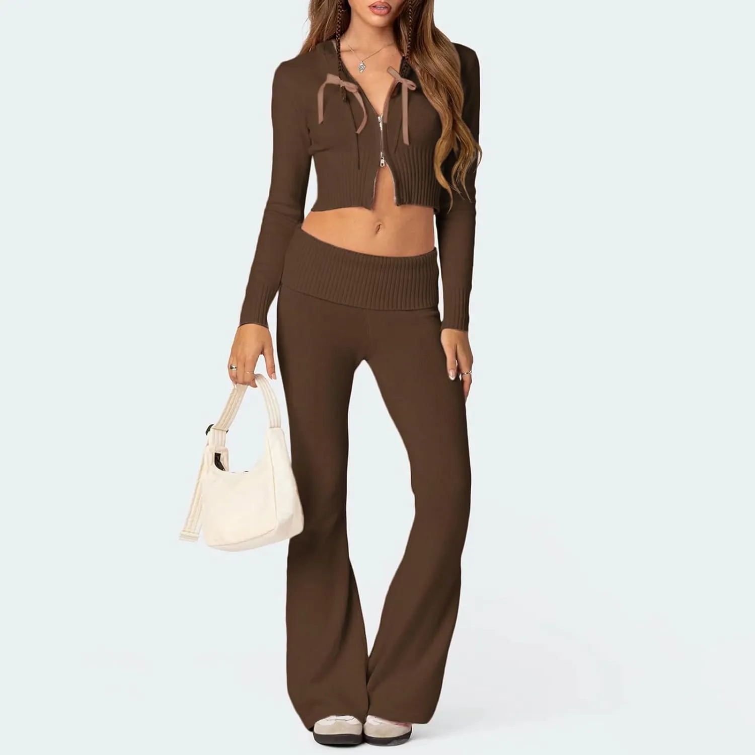 Women's Ribbed Knit 2Pcs Outfits Long Sleeve Zip Up Hooded Sweater Top Flare Skinny Pants Set Y2K Loungewear Set