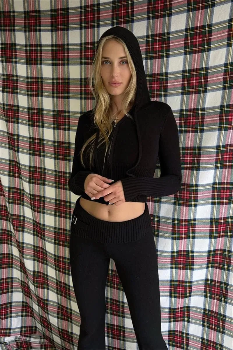 Women's Ribbed Knit 2Pcs Outfits Long Sleeve Zip Up Hooded Sweater Top Flare Skinny Pants Set Y2K Loungewear Set