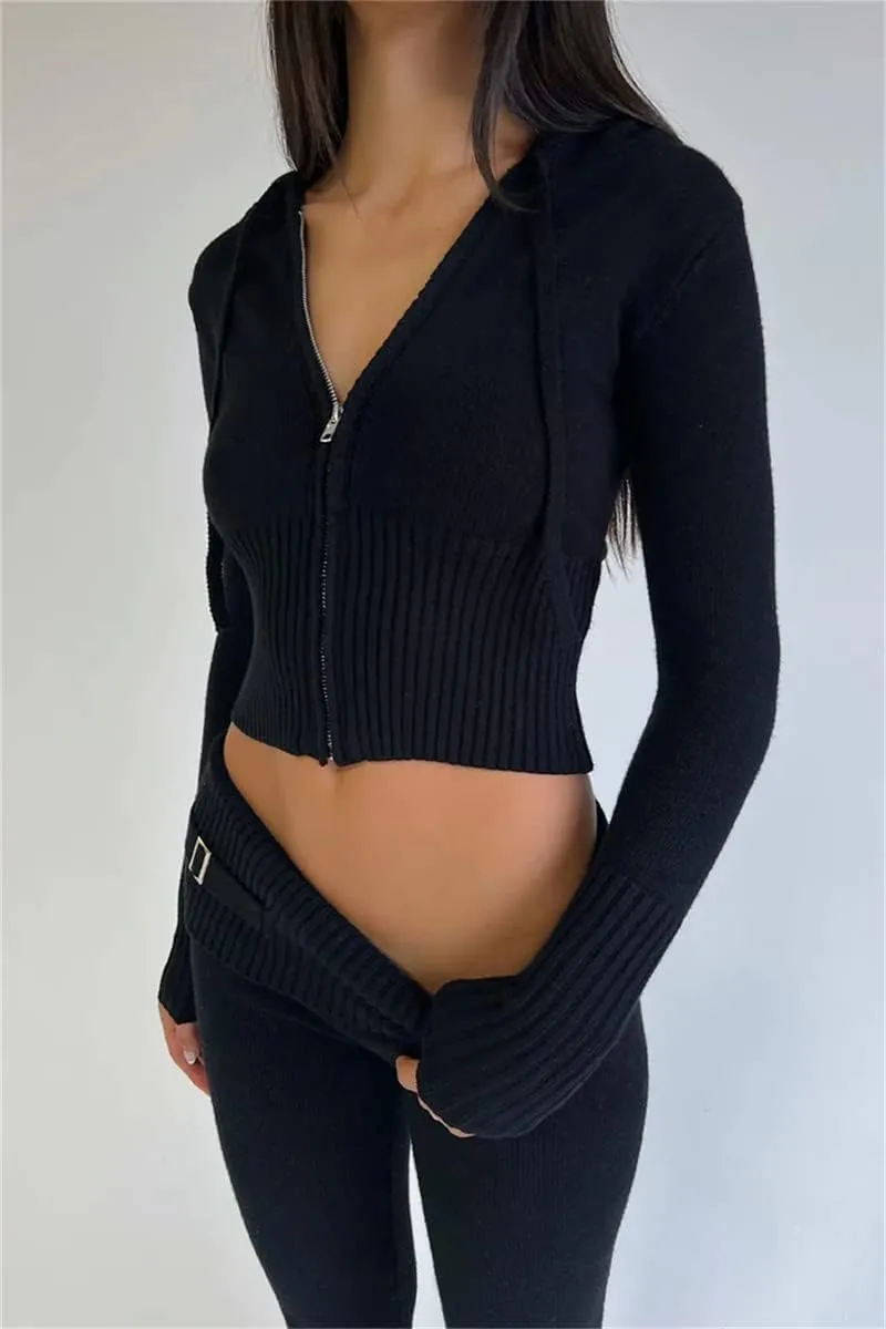 Women's Ribbed Knit 2Pcs Outfits Long Sleeve Zip Up Hooded Sweater Top Flare Skinny Pants Set Y2K Loungewear Set