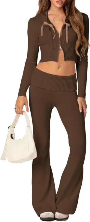Women's Ribbed Knit 2Pcs Outfits Long Sleeve Zip Up Hooded Sweater Top Flare Skinny Pants Set Y2K Loungewear Set