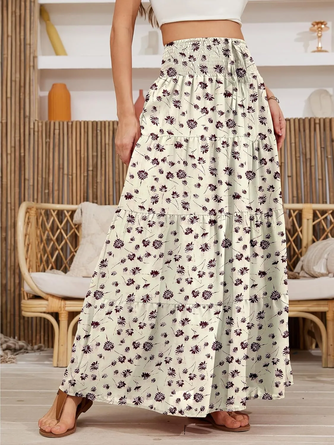 Womens Ruffle Maxi Skirts:High-Waist Elastic Pleated Long Skirt-Summer Casual Boho Flowy Skirts with Drawstring