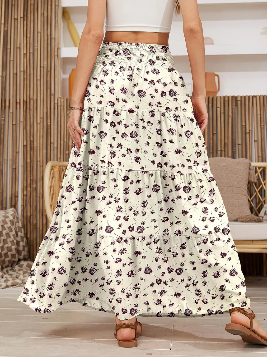Womens Ruffle Maxi Skirts:High-Waist Elastic Pleated Long Skirt-Summer Casual Boho Flowy Skirts with Drawstring