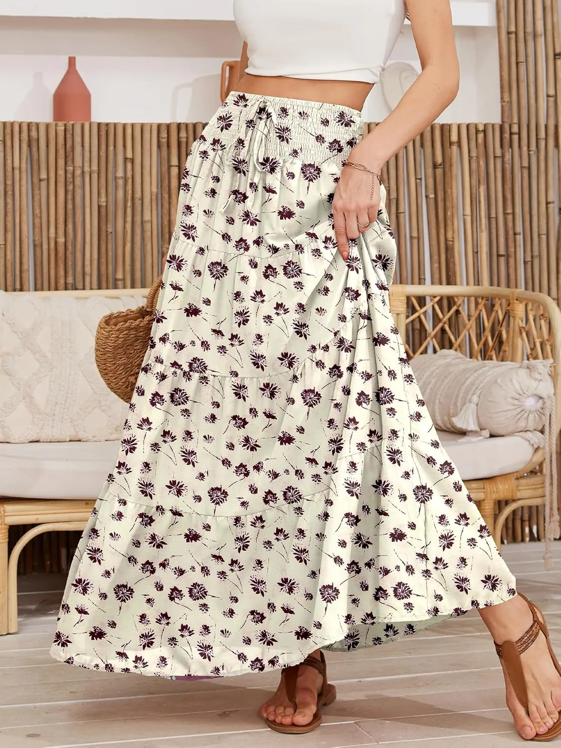 Womens Ruffle Maxi Skirts:High-Waist Elastic Pleated Long Skirt-Summer Casual Boho Flowy Skirts with Drawstring