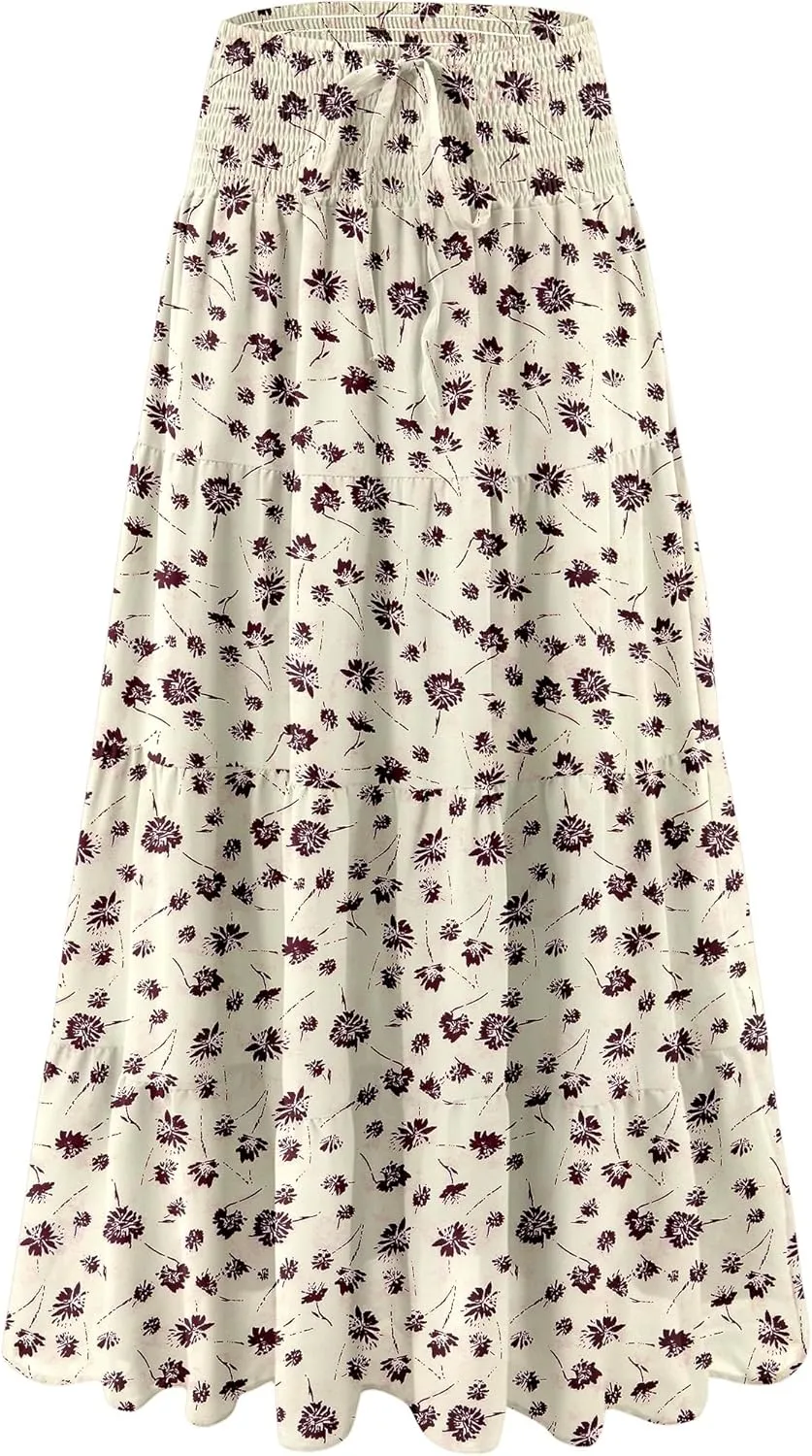 Womens Ruffle Maxi Skirts:High-Waist Elastic Pleated Long Skirt-Summer Casual Boho Flowy Skirts with Drawstring