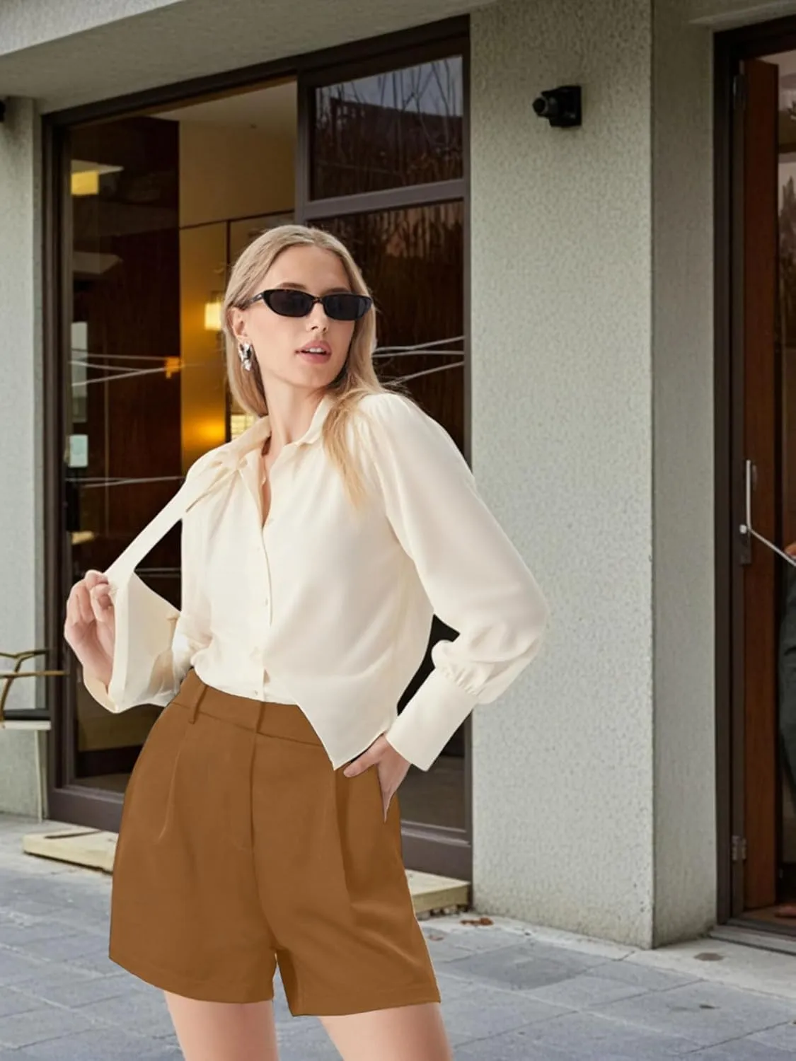 XinYangNi Casual Elastic High Waisted Tailored Work Business Pleated Wide Leg Dressy Shorts with 2 Pockets for Women