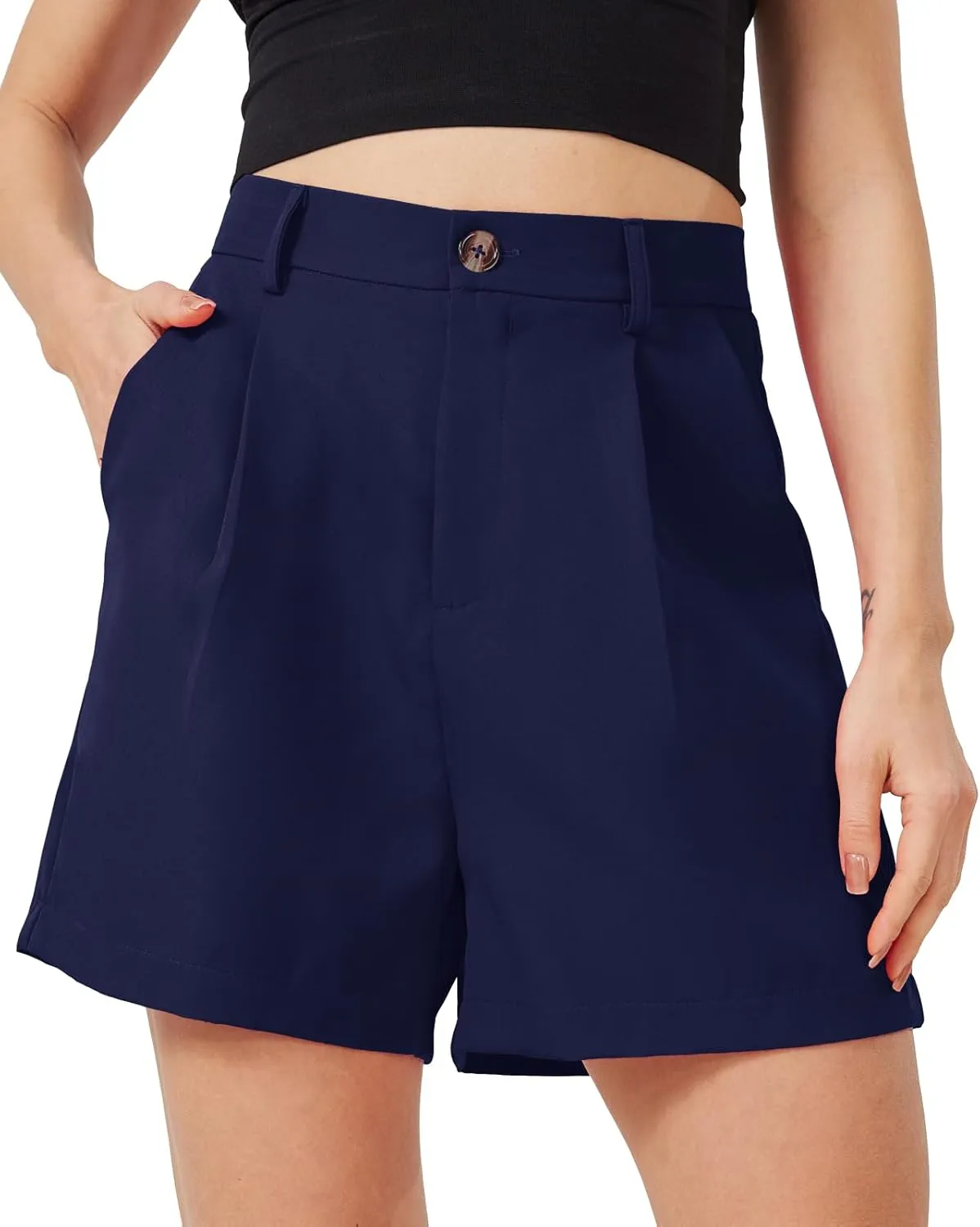 XinYangNi Casual Shorts for Women Dressy Summer Elastic Waist Back Pleated Wide Leg Tailored Work Trouser Shorts with Pockets